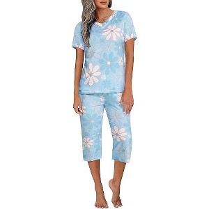 Ekouaer Women's Sleepwear Capri Pajama Sets Short Sleeve Two-Piece Pjs V Neck Tops & Capri Pants with Pockets - 1 of 4