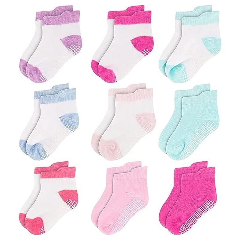 Rising Star Infant Girls Baby Socks, Non Slip Grip Ankle Socks for Baby's Ages 6-24 Months (Pink/Purple), 1 of 3
