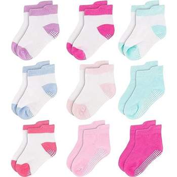 Rising Star Infant Girls Baby Socks, Non Slip Grip Ankle Socks for Baby's Ages 6-24 Months (Pink/Purple)