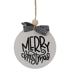 Northlight Wooden "Merry Christmas" Disc Ornament with Plaid Bow - 4" - White and Black - 1 of 4