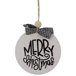 Northlight 4" Black and White Merry Christmas Ornament Wooden Disc with Plaid Bow