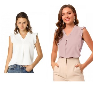 Allegra K Women's Ruffled Sleeveless Work Business Vintage Blouses 2 Packs - 1 of 4