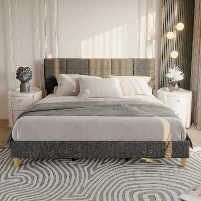 Queen Size Wood Bed Frame, Upholstered Platform Bed with Adjustable Headboard, Sturdy Wooden Slats, No Box Spring Needed, Grey