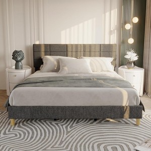 Queen Size Wood Bed Frame, Upholstered Platform Bed with Adjustable Headboard, Sturdy Wooden Slats, No Box Spring Needed, Grey - 1 of 4