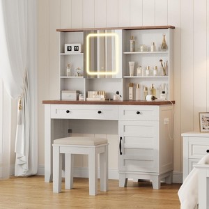 Farmhouse Makeup Vanity Desk with Mirror, Makeup Table with 2 Drawers, Dressing Table with Glass Top for Bedroom Dressing Room - 1 of 4