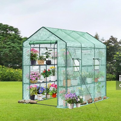 Large 57x85x77 Portable Greenhouse with 8 Shelves, Heavy Duty Walk in Green House, PE Cover & Mesh Windows for Outdoor and Indoor Garden Use Green
