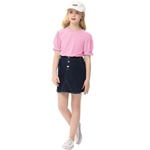 Girls' Ruffle Puff Sleeve Blouse Short Hollow Out Sleeve T-Shirt Round Neck Solid Casual Top - 1 of 4