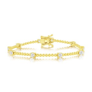 Bella Silver Sterling Silver, Round CZ & Beaded Bracelet - Gold Plated - Gold - 7 Inch - 1 of 3