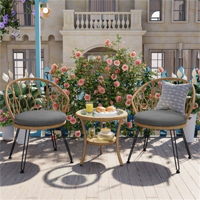 SKRAN Outdoor Leisure Set, 2 Rattan Single Chairs with A Glass Round Table, Perfectly Suited for Patios, Balconies and Courtyards, Grey