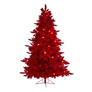 6ft. Red Flocked Fir Artificial Christmas Tree with 350 Red Lights, 33 Globe Bulbs & 748 Branches – Vibrant X-Mas Showpiece - 1 of 4