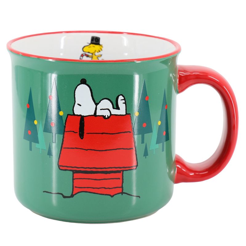 Peanuts Snoopy Christmas 4 Piece 21 Ounce Stoneware Camper Mug Set in Green and Red, 5 of 7