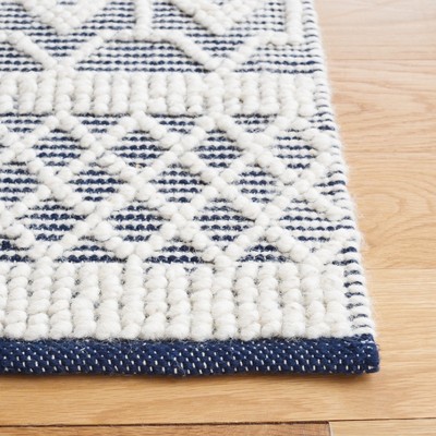 Ivory and Navy Handwoven Wool Geometric Area Rug, 4' x 6'