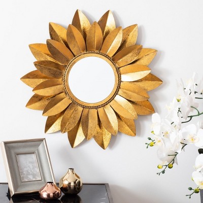 Gold Sunburst Round Mirror with Wood Frame