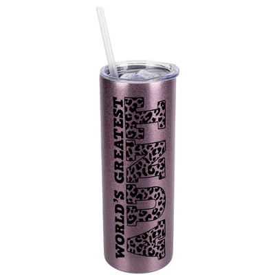 Elanze Designs Leopard Pattern Rose Gold 20 Ounce Double Wall Stainless Steel Glitter Travel Tumbler With Sliding Lid And Straw, World's Greatest Aunt