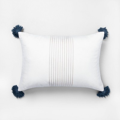Shop 14" x 20" Center Stripes Tassel Throw Pillow Sour Cream / Taupe - Hearth & Hand with Magnolia from Target on Openhaus