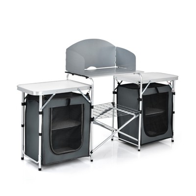 Tangkula Portable Camping Kitchen Table Aluminum Fold-Up Camping Kitchen with Windscreen for BBQ, Picnic, Party  Gray/Black