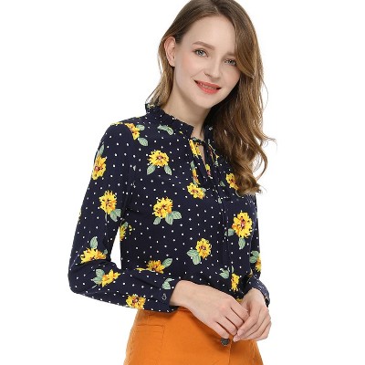 Allegra K Women's Ruffled Tie Neck Long Sleeves Floral Polka Dots Blouse Tops