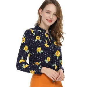 Allegra K Women's Ruffled Tie Neck Long Sleeves Floral Polka Dots Blouse Tops - 1 of 4