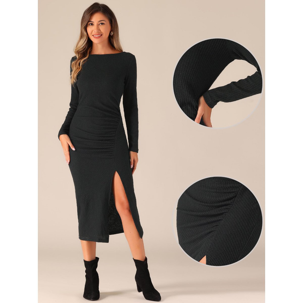 Женские платья INSPIRE CHIC Women's Fall Casual Long Sleeve Round Neck Ruched Slit Fitted Midi Dress Black Medium — фото 2