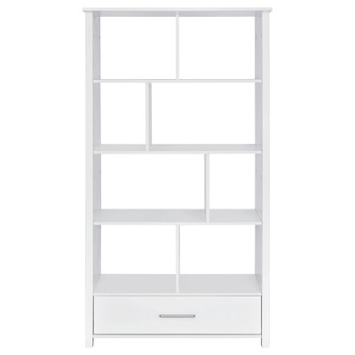 Contemporary White 8-Shelf Bookcase with Sleek Storage Drawer