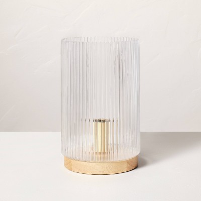 Ribbed Glass Cylindrical Accent Lamp with Wood Base Clear/Tan  - Hearth & Hand™ with Magnolia