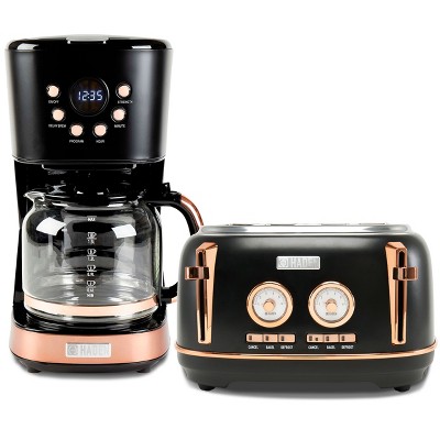 Haden Dorset 4 Slice Wide Slot Stainless Steel Toaster Bundled with 12 Cup Programmable Drip Coffee Maker Coffee Machine, Black & Copper
