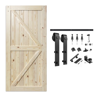 SMARTSTANDARD 84 in. Height K Shape Natural Wood Interior Sliding Barn Door with Hardware Kit
