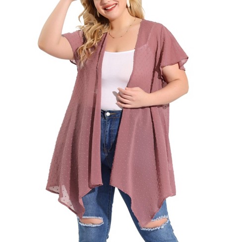 Agnes Orinda Women's Plus Size Cardigans Flare Sleeve High Low Elegant  Swiss Dots Cardigan Pink 1X