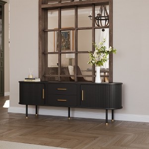 POVISON 70.87"Mid-Century Modern TV Stand,with Minimalist Wood Media Console with Roller Shutter Door, Tall-Cast Metal Legs, Black TV Console - 1 of 4