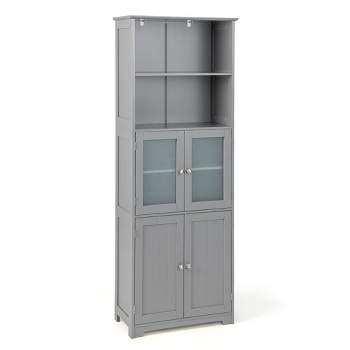 Tangkula Bathroom Tall Storage Cabinet Linen Tower w/ Glass Door & Adjustable Shelf Grey