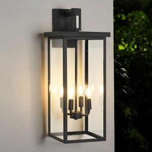 HANPURE Modern Outdoor Wall Lanterns: Black Frame, Clear Glass, 4 E12 Sockets, Weatherproof Sconces for Porch/Garden/Patio (No Bulbs) - 1 of 4