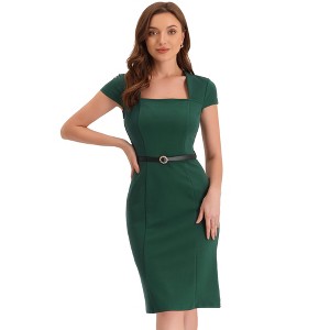 Allegra K Women's Vintage Cap Sleeve Belted Square Neck Sheath Dress - 1 of 4