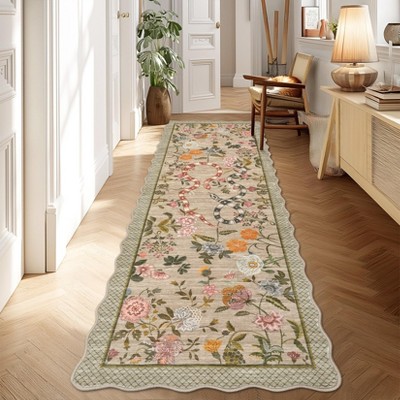 Scalloped Edge Area Rugs for Living Room Bedroom Floral Printed Snake Pattern Washable Rug Soft Non-Slip Low Pile Accent Rug