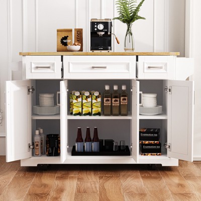 VYNXARIA K&K 54" Rustic Kitchen Island with Drop Leaf, Storage & Rolling Wheels in White