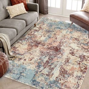 Modern Abstract Area Rug Machine Washable Ultra Thin Non Shedding Pet Friendly Foldable Non Slip Stain Resistant With Bordered Design Floor Carpet - 1 of 4