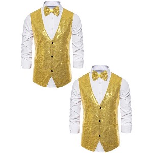 Lars Amadeus Men's Shiny Disco Sequin Suit Waistcoat Set with Bow Tie 2 Packs - 1 of 4
