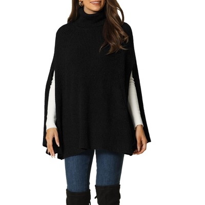 Seta T Women's Spring Fall Fashion Turtleneck Ribbed Knit Cape Sweater