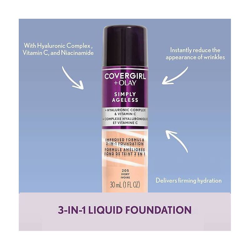 COVERGIRL + Olay Simply Ageless 3-in-1 Liquid Foundation with Hyaluronic Complex + Vitamin C - 1 fl oz, 6 of 12