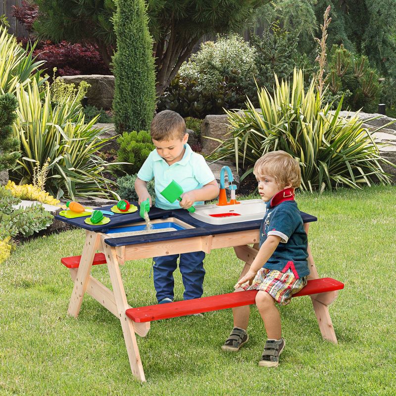 Outsunny Kids Picnic Table and Bench Set with Sandbox, Outdoor Sand & Water Table with Kitchen Toys, Water Circulation Faucet, Vegetable Accessories, 3 of 11