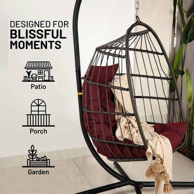 Outdoor Red Wicker Hanging Egg Chair with Cushions