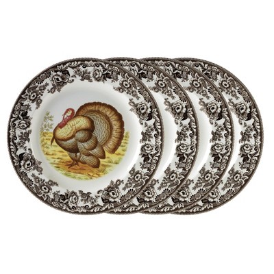 Spode Woodland Turkey Dinner Plate - Thanksgiving Tableware, Collectible Holiday Dish with British Flowers Border, 10.5 Inch Fine Earthenware