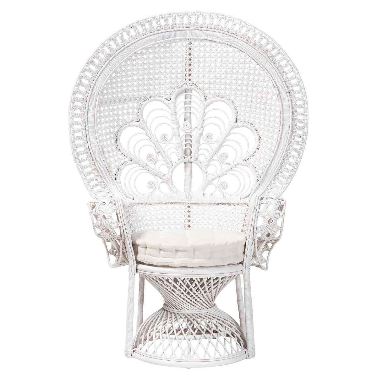 bali & pari Ediva Natural Rattan Peacock Accent Chair White: Upholstered Polyester, No Assembly Required
