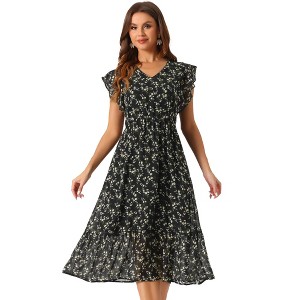 Allegra K Women's Floral Elastic Waist V Neck Ruffled Hem Chiffon Dress - 1 of 4