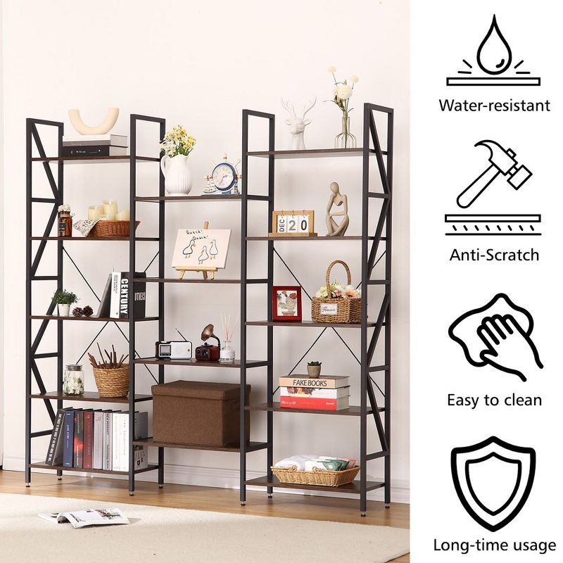 Whizmax Triple Wide 5 Tier Metal Fram BookShelf, Large Industrial Bookcases with Open Display Shelves,RetroBrown, 4 of 6