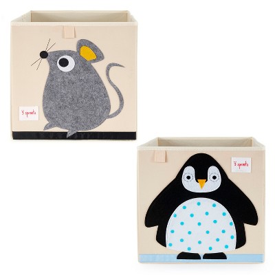 3 Sprouts Kids Children's Felt Gray Mouse Storage Cube Box Toy Bin with Black/White Penguin Fabric Storage Cube Toy Bins