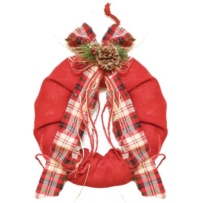 Northlight 13" Unlit Red Burlap with Plaid Bow and Pine Christmas Wreath