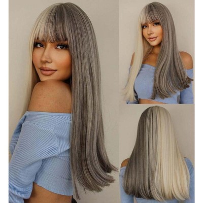 Jessie's Wig 26 Inch Silky Straight Bang Cosplay Wigs Synthetic Wigs Half Ash Grey Half Blonde 1 Pc/Pack