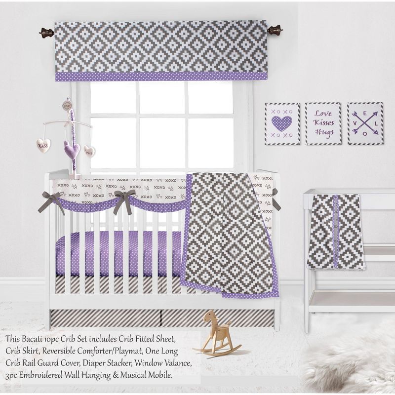 Bacati - Love  Gray Lilac 10 pc Crib Bedding Set with Long Rail Guard Cover, 5 of 13