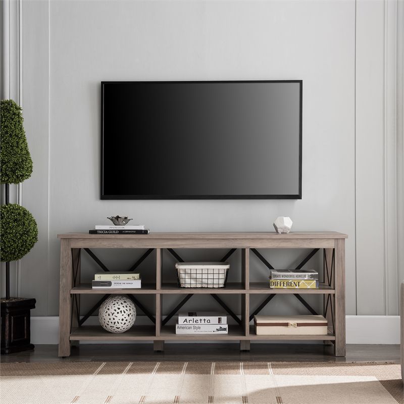 58" Open Back TV Stand in Gray Oak Wood with Metal Black Accents - Henn&Hart, 4 of 9