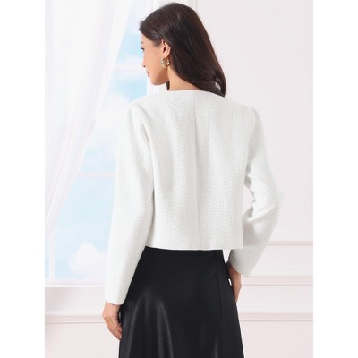 INSPIRE CHIC Women's Tweed Long Sleeve Crew Neck Open Front Work Business Cropped Blazers Large White — фото 5